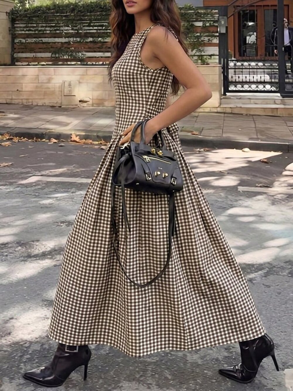 Brown Elegant Women's Sleeveless Plaid Waist-Cinching A-Line Midi Dress - Picture 2 of 8